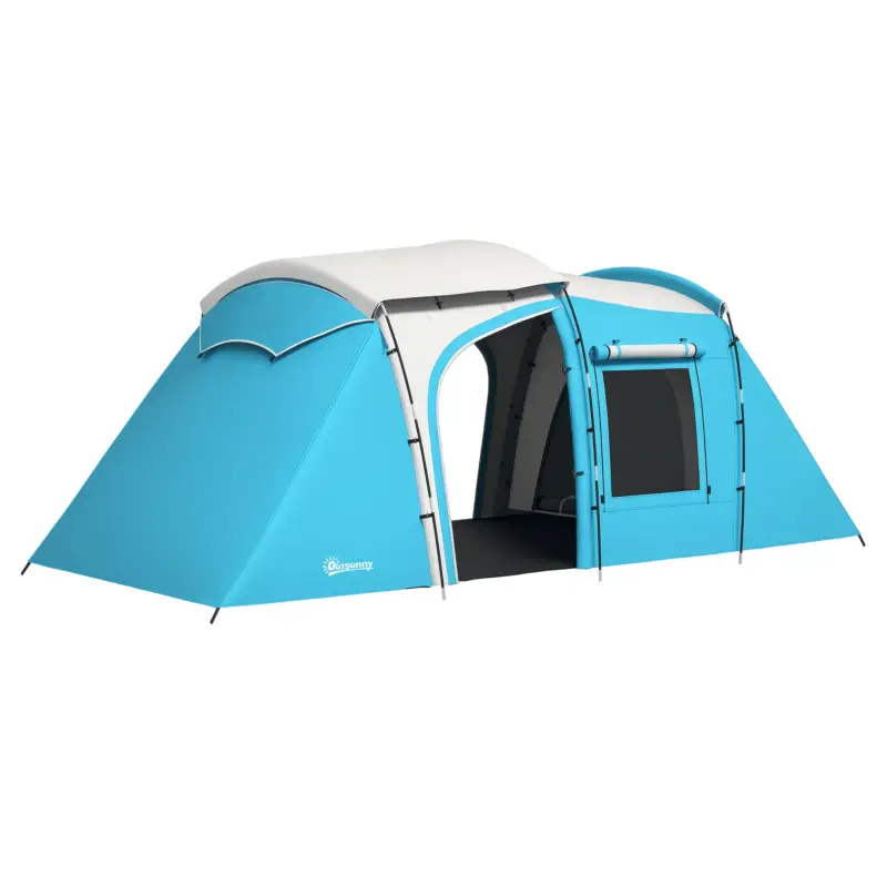 Ofertă de sezon Outsunny Cort de camping familial 3-4 persoane 2 camere 4 uși și 4 ferestre, sac de transport, 460L x 220l x 175H cm