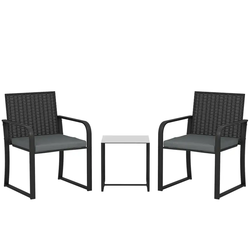Outsunny Set de mobilier de grădină din ratan sintetic cu 2 scaune cu perne și masă cu blat din sticlă, gri Livrare gratuită