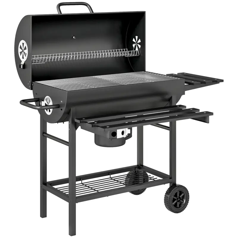 Ieftin Outsunny Grătar pe cărbuni din oțel BBQ Smoker cu capac mânere termometru roți mobil 114 x 65 x 95 cm