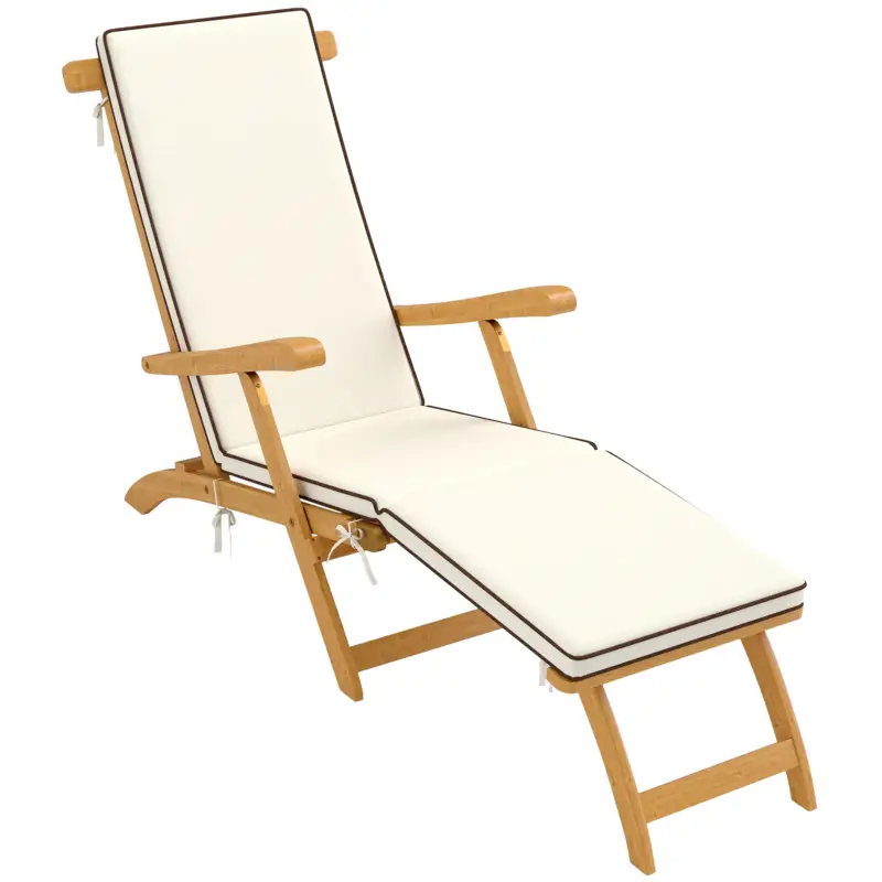 Reduceri Outsunny Șezlong din lemn pliabil pentru grădină cu suport pentru picioare, saltea, șezlong până la 160 kg, Teak