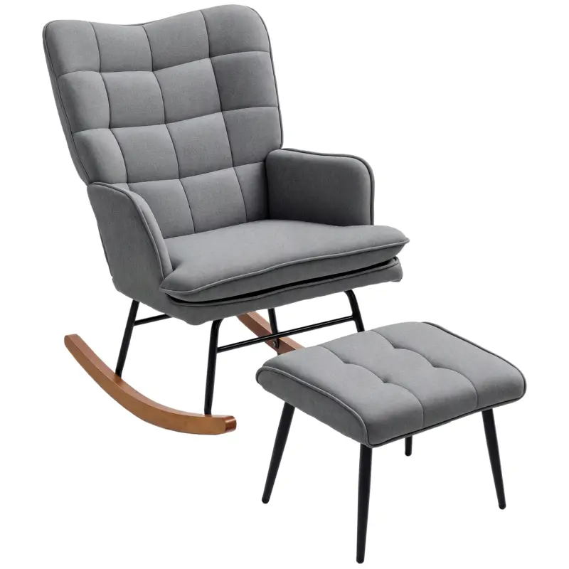 HOMCOM Fotoliu cu leagăn și taburet, confortabil, până la 130 kg, aspect de in, 64x89x90cm, Gri închis Livrare gratuită