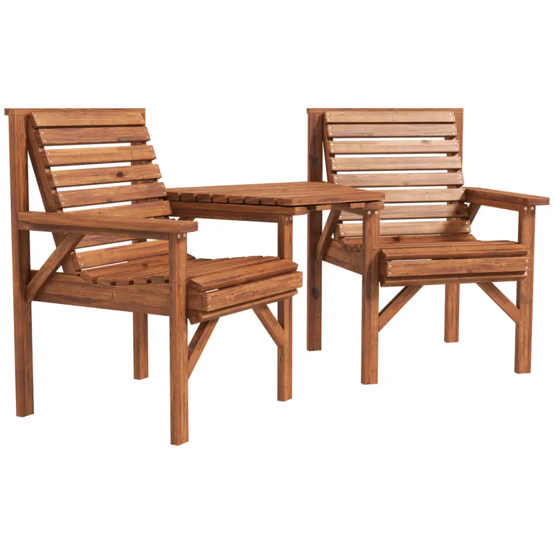 Outsunny Set bistro 3 piese din lemn rezistent la intemperii, set mobilier grădină cu design lamelar și orificiu pentru umbrelă, Carbonizat Cel mai bun preț