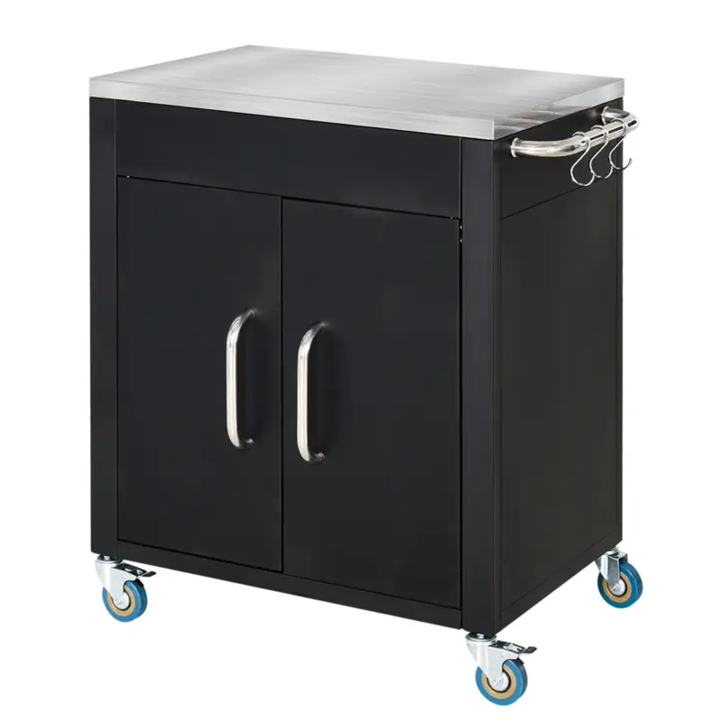 Ofertă exclusivă HOMCOM Cărucior de Bucătărie din Oțel Inoxidabil cu Dulap Contenitor și 6 Cârlige, 86x50x86,5 cm, Negru