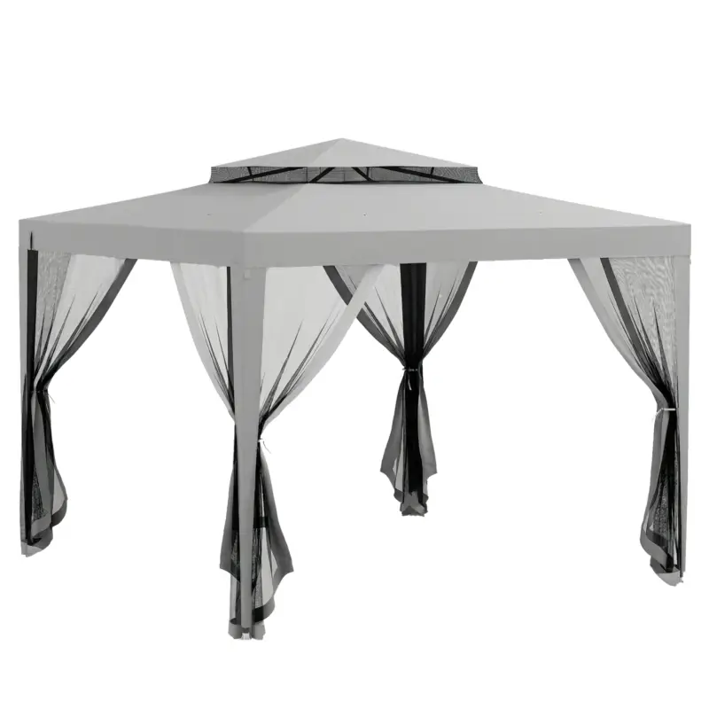 Outsunny Foisor de Gradina cu Plasa de Tantari, Foisor 3x3 m cu Acoperis Dublu si Cadru din Metal, Bej Disponibil imediat