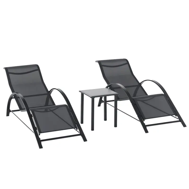Outsunny Set 2 Șezlonguri de Grădină și Măsuță cu Raft, Material Respirabil și Cadru Metalic, 59x169x66 cm, Negru Nu rata