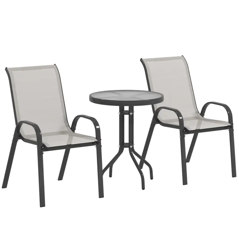 Outsunny Set de grădină 3 piese cu masă rotundă cu blat din sticlă și scaune suprapuse pentru exterior Gri deschis Preț promoțional