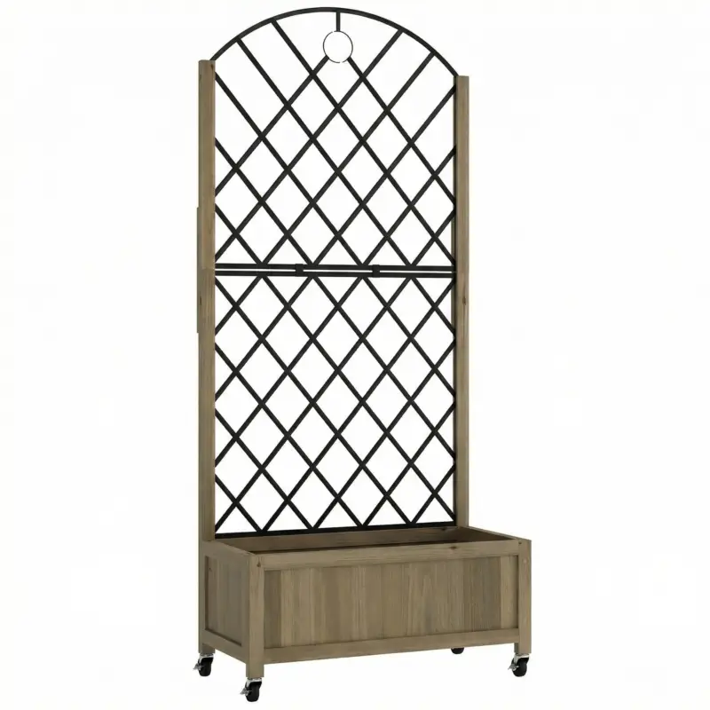 Reducere de preț Outsunny Jardinieră din lemn cu grilaj metalic și roți pentru plante cățărătoare Macetero ridicat 72x36x168 cm Carbonizado
