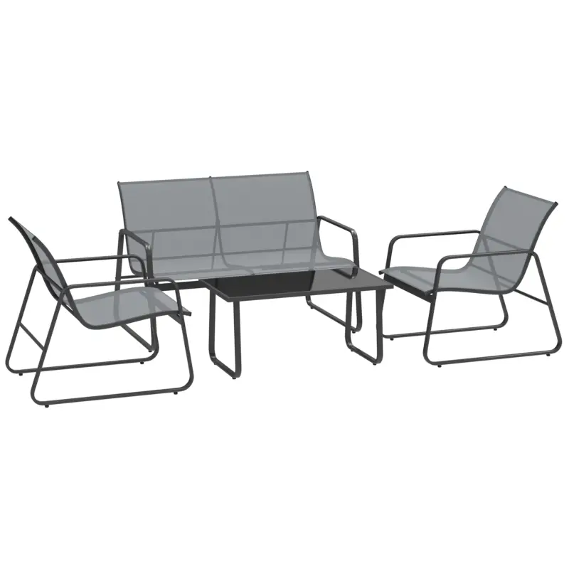 Outsunny Set Mobilier de Grădină din 4 Piese, cu Bancă de Exterior cu 2 Locuri, 2 Scaune și Măsuță de Cafea cu Blat din Sticlă Securizată, Set Mobilier de Exterior din Metal și Textilenă, Gri Deschis Doar azi