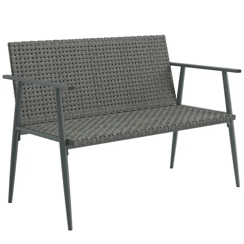 Plată sigură Outsunny Bancă de grădină 2 locuri din rășină împletită și oțel, cu cotiere, spătare și picioare reglabile, 110x58x78cm, gri