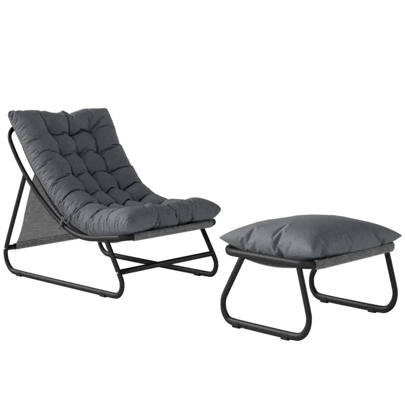 Outsunny Fotoliu lounge outdoor pentru balcon cu taburet, pernă de 13 cm, picioare antiderapante, gri închis Noutate
