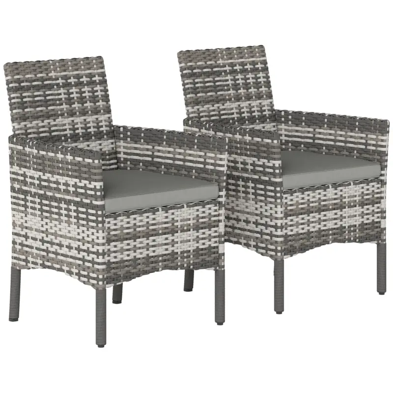 Expediere rapidă Outsunny Set de 2 Scaune de Grădină din Ratan, Scaune de Exterior cu Perne, Cotiere și Spătar Înalt, Cadru din Oțel pentru Verandă, Balcon, Lângă Piscină și Grădină, Gri