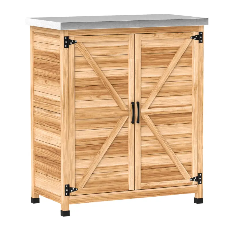 Ofertă Outsunny Dulap Exterior cu Raft Intern și Banc de Lucru, Dulap de Grădină din Lemn de Brad și Oțel Zincat, 79x43x92 cm, Culoare Lemn