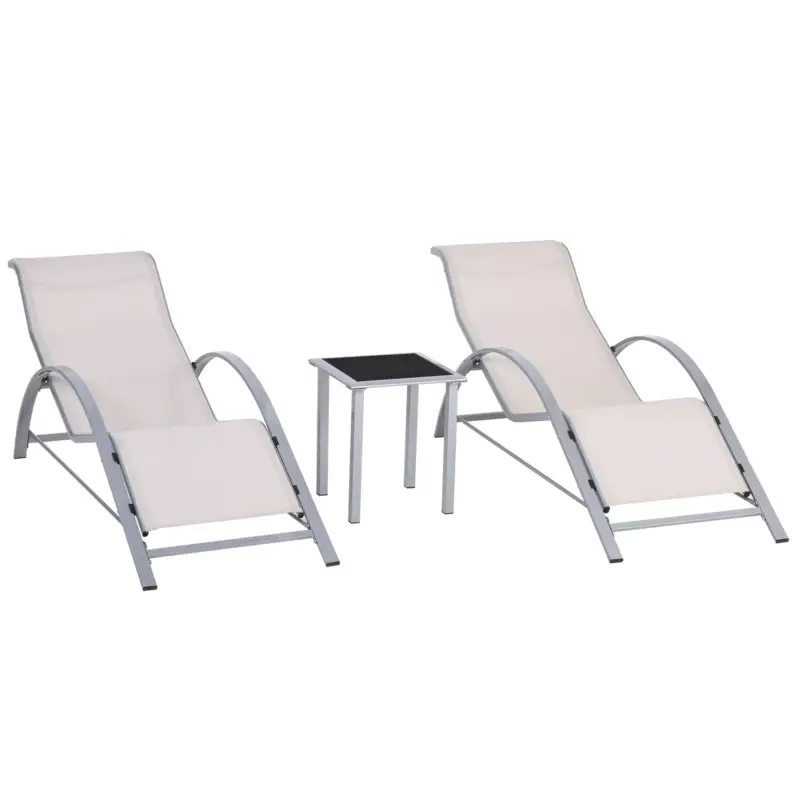 Vezi acum Outsunny Set de 2 Șezlonguri și Măsuță cu Blat din Sticlă, 59x169x66 cm, Crem