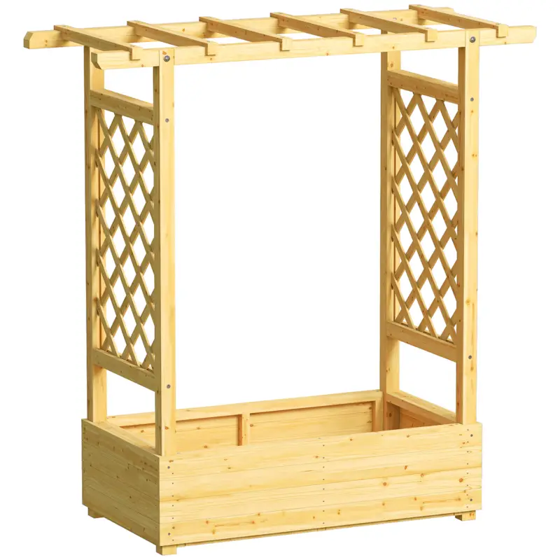 Outsunny Jardinieră ridicată cu spalier lateral și superior, ghiveci pentru flori cu găuri de drenaj, 110x44x113cm, lemn natural Promoție