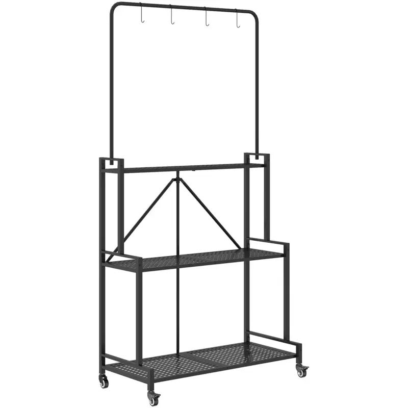 Outsunny Suport pentru Plante cu 3 Niveluri cu Roți, Etajeră pliabilă metalică cu 4 cârlige, 84x40,5x174cm, Negru Cel mai vândut