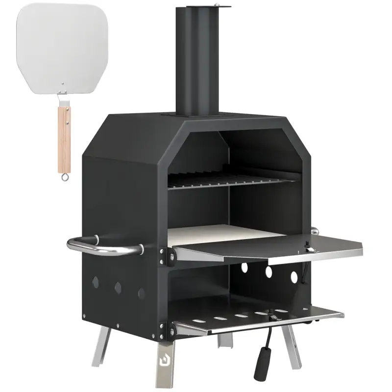 Outsunny Cuptor pizza exterior pe lemne Cuptor pizza din oțel inoxidabil 2 niveluri cu piatră pentru pizza grosime 1 cm picioare pliabile Preț redus