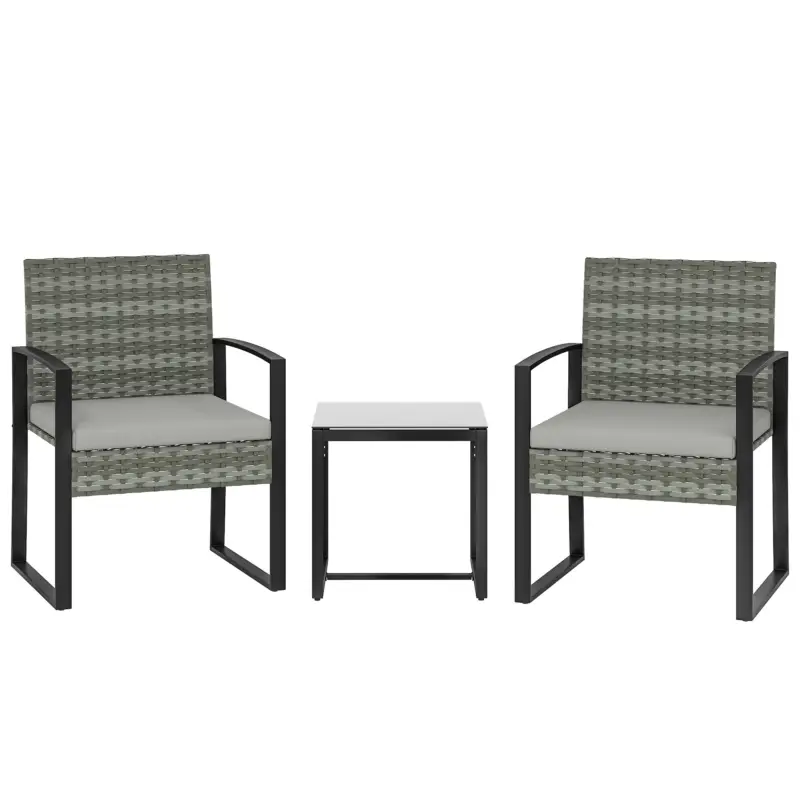 Outsunny Set bistro din ratan, set mobilier de grădină 3 piese cu 2 scaune de grădină, masă de cafea, perne detașabile Gri deschis Comandă acum