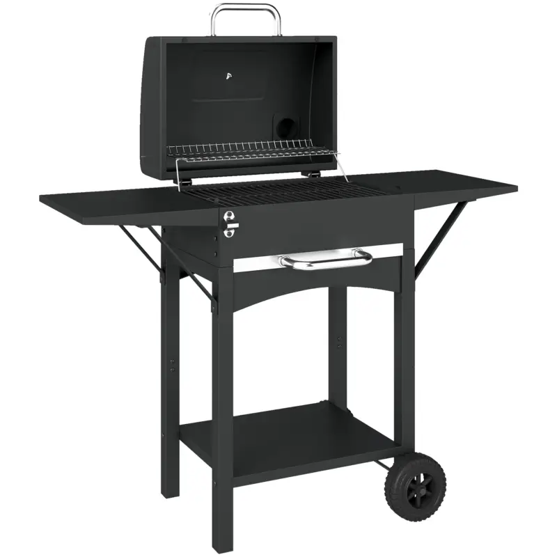 Cumpără acum Outsunny Grătar cu Cărbuni, cu 2 Rafturi Laterale, Termometru, Capac și Roți, 110x46.5x101 cm, Negru