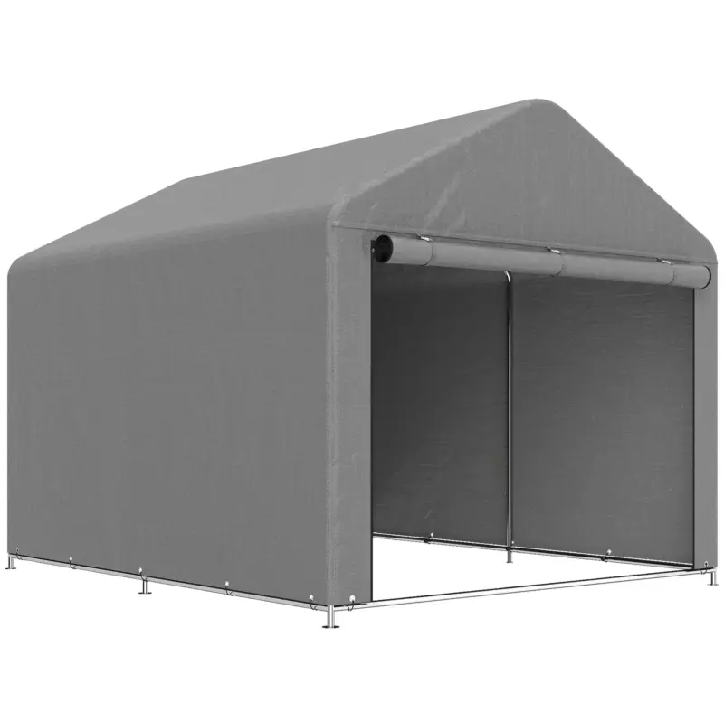 Bestseller Outsunny 2x2,4 m Garaj Moto pentru Exterior, Tenda Impermeabilă cu Ușă Rulabilă, pentru Biciclete și Unelte, Cadrul din Oțel Zincat, Adăpost de Grădină, Gri Deschis