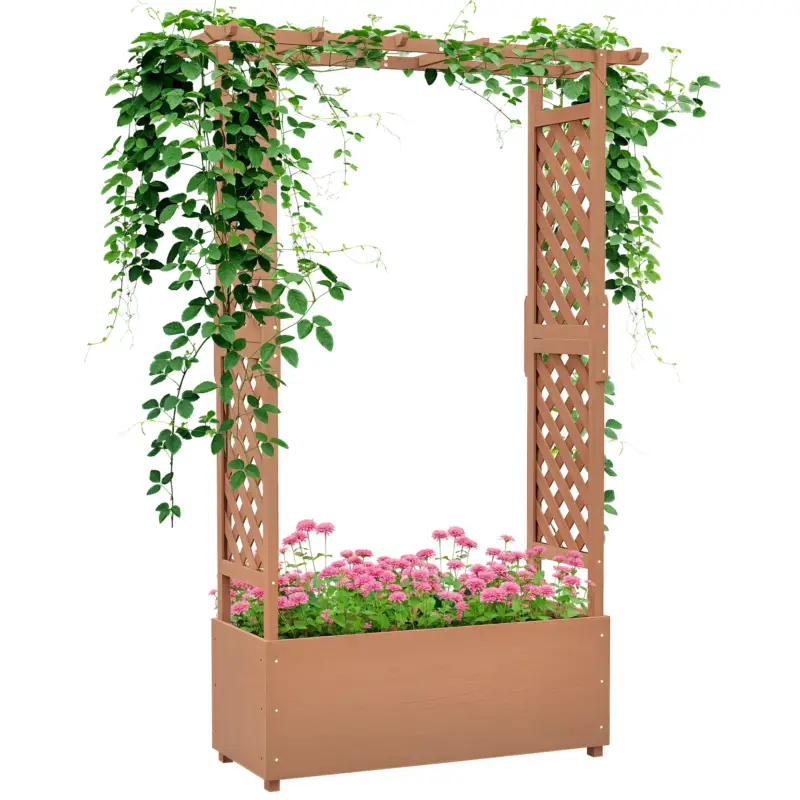 Transport gratuit Outsunny Strat de Grădină Înălțat cu Grilaj și Acoperiș, Jardinieră din Lemn pentru Plante Cățărătoare, 112x41x180 cm, Maro