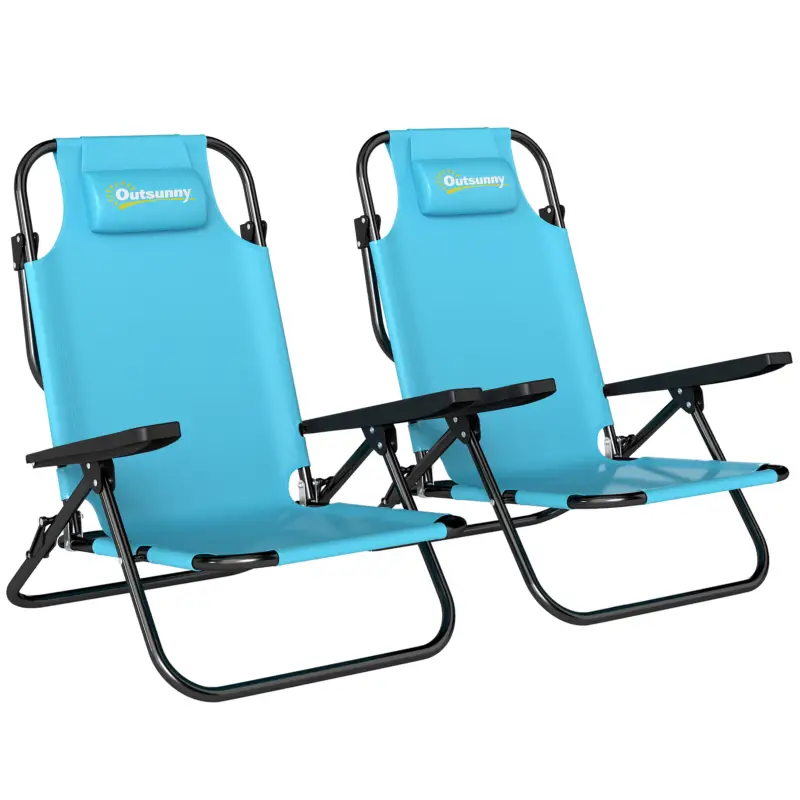 Outsunny Set de 2 scaune de plajă pliabile cu 5 poziții, cu spătar, tetieră și cotiere, 63x75x80cm, Albastru deschis Livrare expres