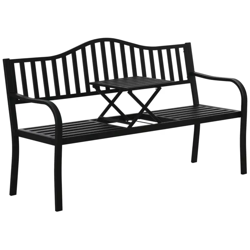 Outsunny, Băncuță de grădină, Cu masă de cafea integrată, Metal,150 x 58.5 x 90 cm, Negru Expediere rapidă