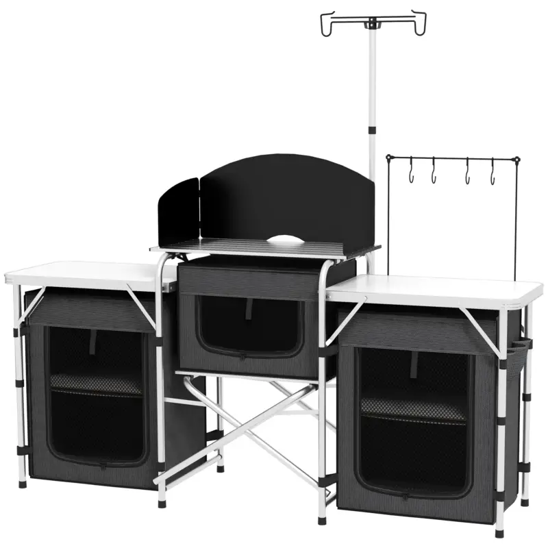 Preț mic Outsunny Bucătărie de Camping Pliabilă cu 3 Blaturi, 5 Rafturi Interne și 4 Cârlige, 172x48x119 cm, Negru