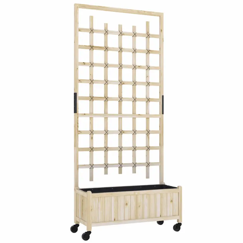 Outsunny Jardinieră cu spalier, ghiveci pe roți, pentru plante agățătoare, lemn masiv, 82,5x35x186cm, lemn natural Reduceri