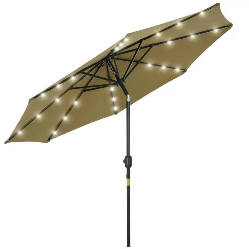Ofertă de sezon Outsunny Parasol octogonal inclinabil Ø 2,7 x 2,4 m luminos solar 24 LED-uri poliester cu densitate mare de 180 g/m² maro