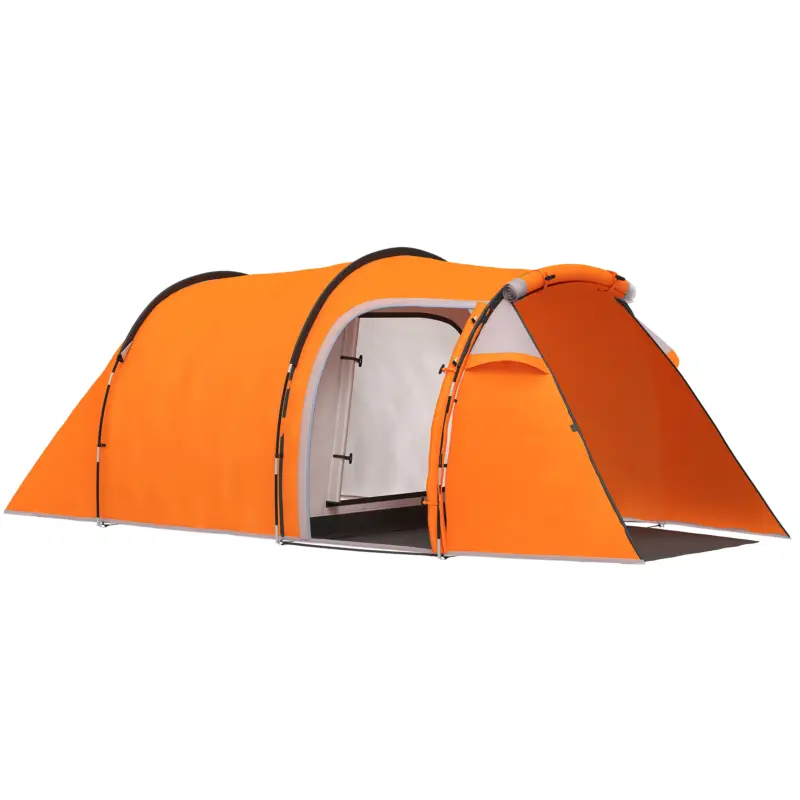 Promoție Outsunny Cort tunel pentru 2-3 persoane, cort de camping cu vestibul, cârlig pentru lampă, rezistență la apă 2000 mm Portocaliu