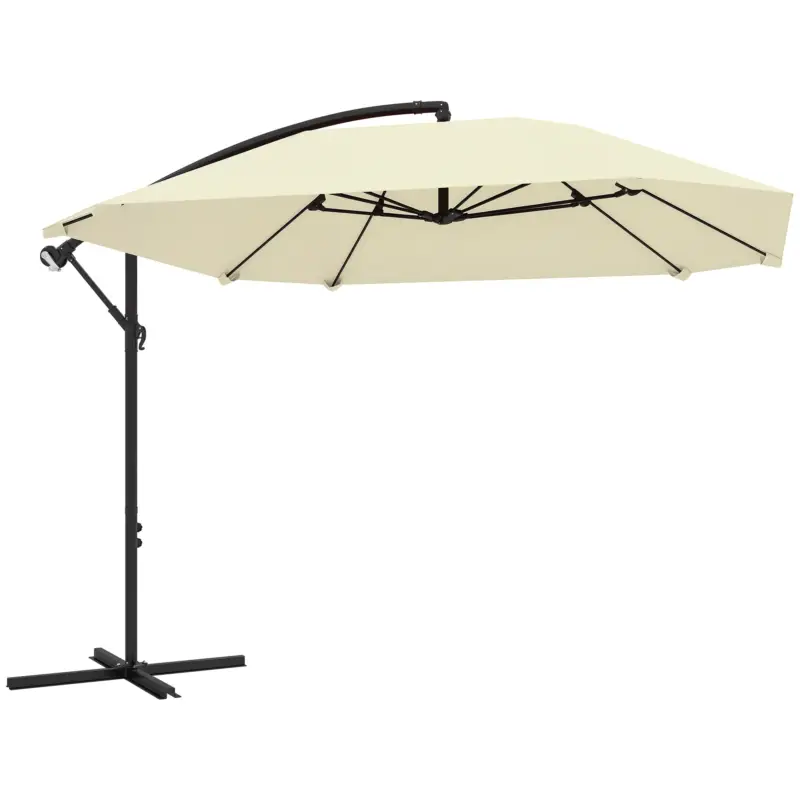Outsunny Umbrelă de Soare Suspendată cu Bază în Cruce, Articulație Tip Banană și Manivelă, 304x260x245 cm, Alb Crem Ofertă exclusivă