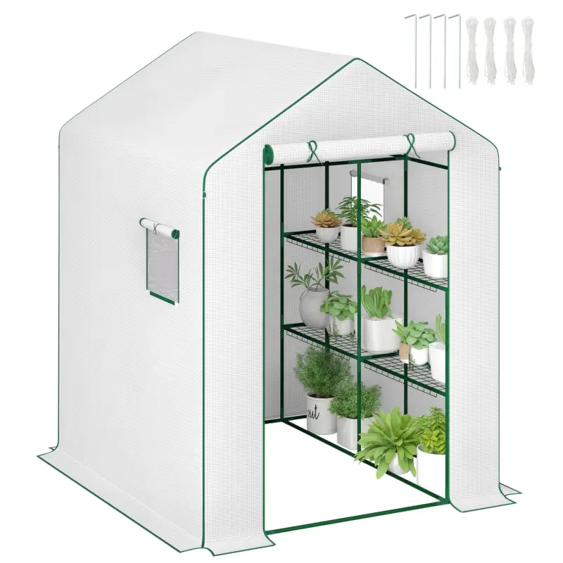 Outsunny Seră de grădină cu 1 ușă 2 ferestre rafturi 3 nivele pentru Legume Plante Flori Pânză PE 140 x 143 x 190 cm alb Disponibil imediat