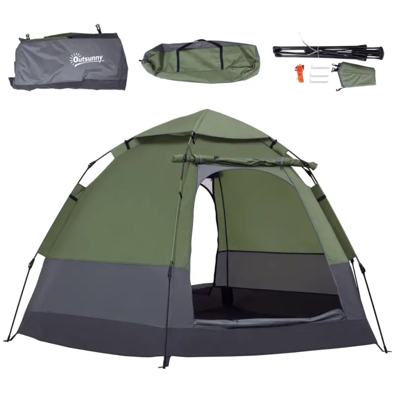 Discount Outsunny Cort pop-up cort de camping 3-4 pers. cort cupolă impermeabilizat ușor ventilat ușor de montat 2 uși mari dim. 2,6L x 2,6l x 1,5H m fibră de sticlă poliester oxford verde gri