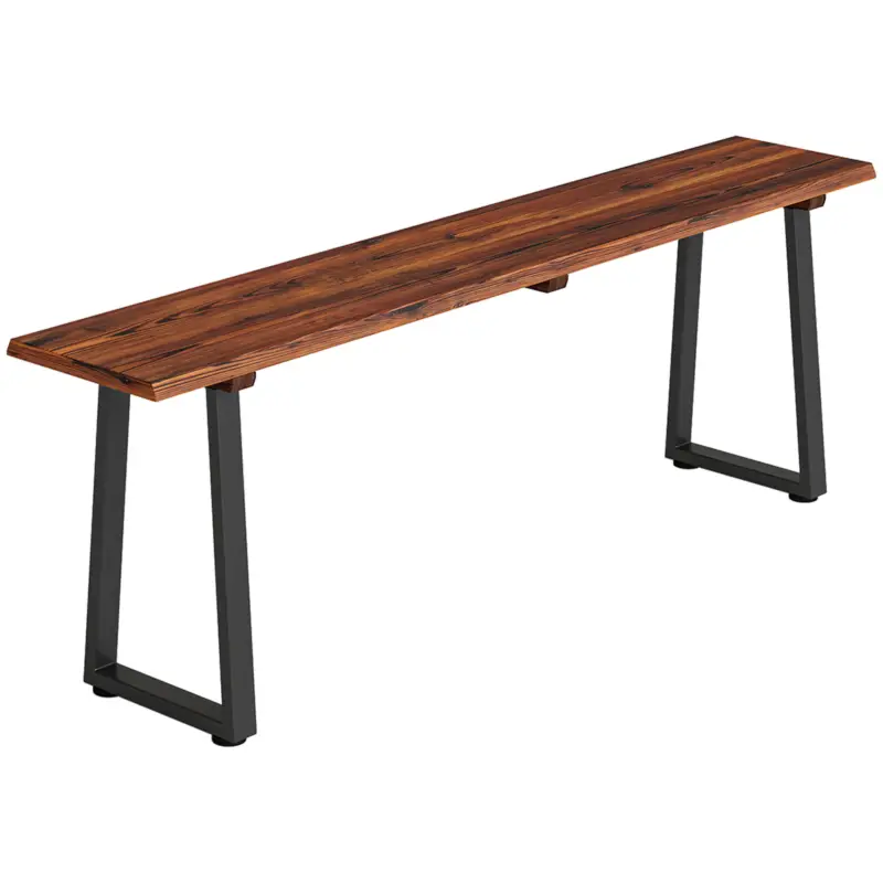 Cel mai bun preț Outsunny Banc de grădină din lemn fără spătar, picioare trapezoidale din oțel, 2 locuri cu aspect de lemn, 150x28x48 cm, carbonizat