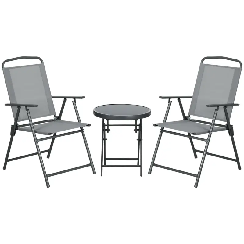 Ofertă specială Outsunny Set de Exterior din 3 Piese cu Masă cu Blat din Sticlă și 2 Scaune Pliabile din Plasă, Ф45x50 cm, Gri Deschis
