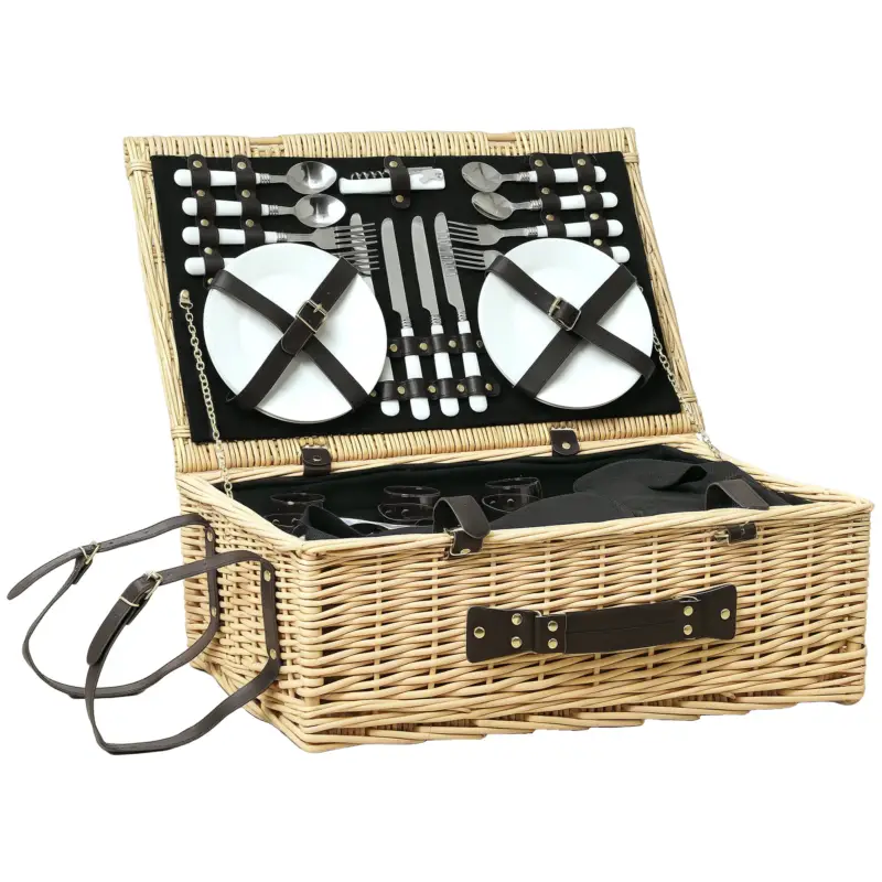 Outsunny Coș de Picnic pentru 4 Persoane cu Zonă Frigorifică și Accesorii 54x34x20 cm Nu rata
