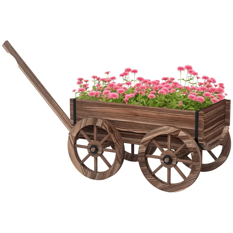 Doar azi Outsunny Jardiniera tip roaba din lemn cu roti, Carucior rulant p