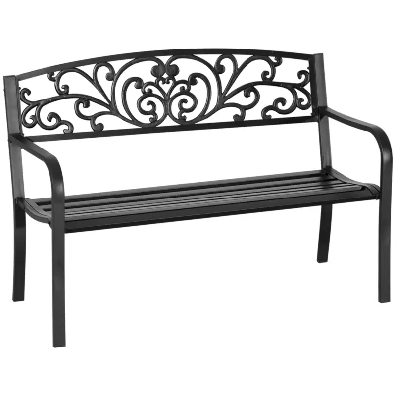Reducere extra Outsunny Banca de gradina din metal cu spătar decorat, 127x60x87cm – negru