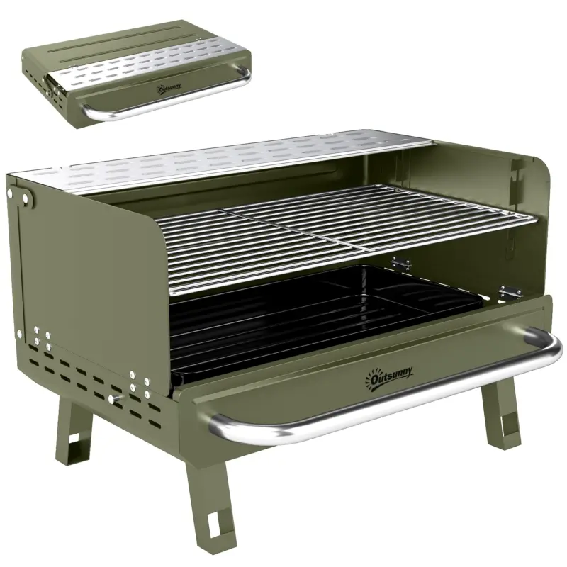 Outsunny Grătar pe Cărbune Pliabil 52x37x31,8 cm cu Grilă Reglabilă Raft Lateral Pliabil și Tavă Detașabilă Verde Cumpără acum
