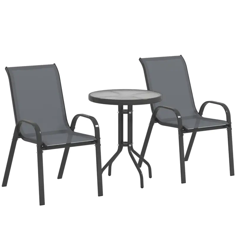 Livrare expres Outsunny Set Mobilier de Grădină din 3 Piese cu Scaune Suprapozabile și Masă din Sticlă, 54x71x93 cm, Gri Închis