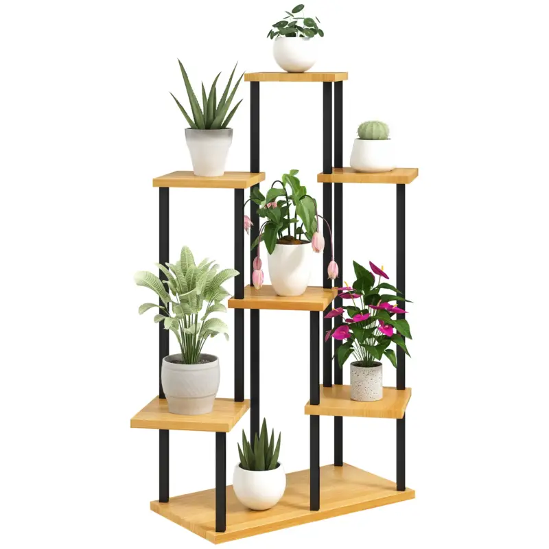 Outsunny Suport pentru plante cu 7 niveluri pentru interior și exterior, stand plante din oțel și lemn, lemn natural Ofertă de sezon