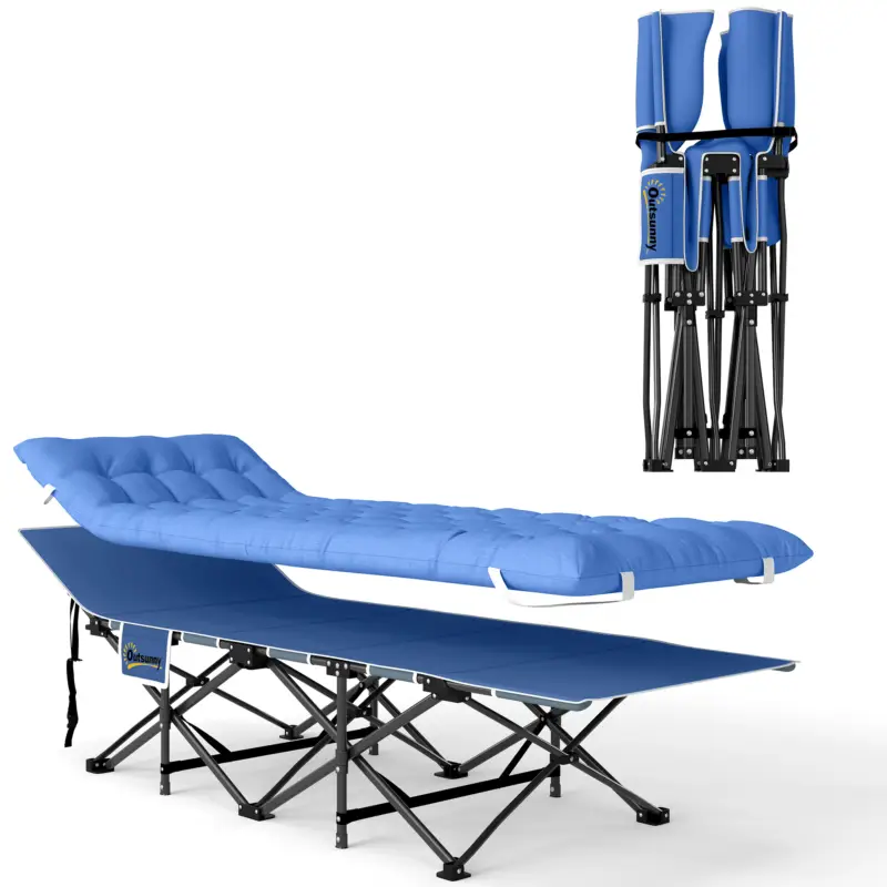 Outsunny Pat pliabil de camping cu saltea pernă buzunar lateral 190 x 65 x 37 cm până la 150 kg Albastru închis Promoție