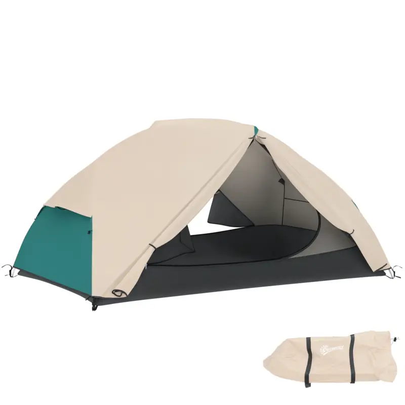 Noutate Outsunny Cort de Camping pentru 2 Persoane cu 2 Uși, 2 Ferestre cu Plasă și Geantă de Transport, 280x225x110 cm, Bej