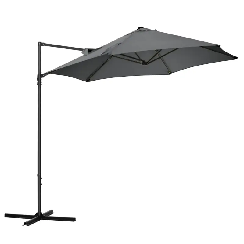 Plată sigură Outsunny Umbrelă de Grădină cu Rotație la 360°, Braț, Bază în Cruce și Orificiu de Ventilație, Ø256x245 cm, Gri Închis