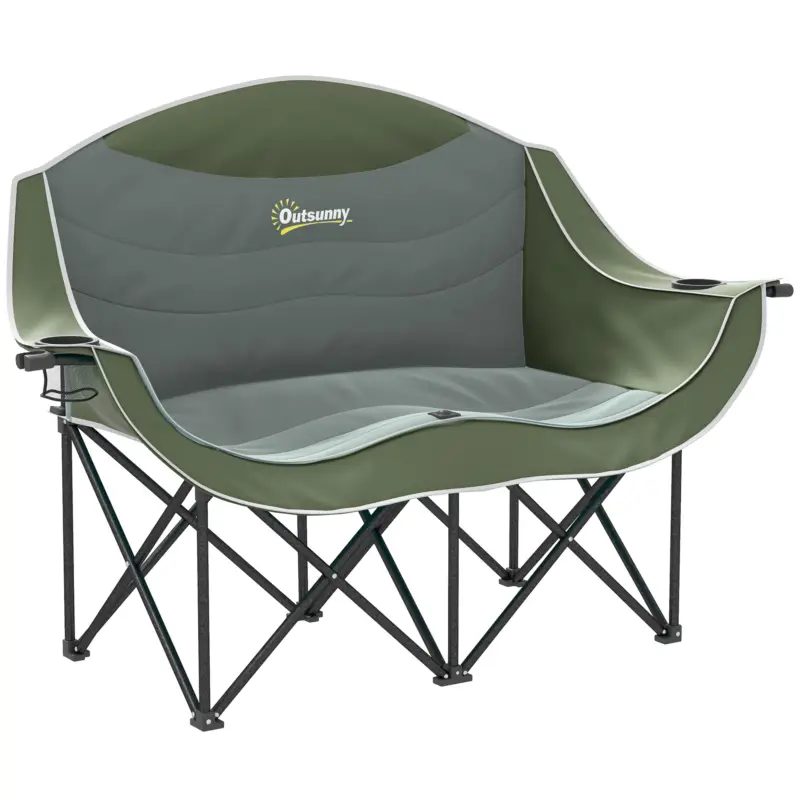 Lichidare de stoc Outsunny Scaun pliabil 2 locuri scaun camping cu suport pentru băuturi geantă de transport până la 250 kg Verde