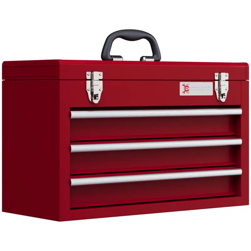 Retur gratuit DURHAND Cutie pentru scule cu 3 sertare, compartiment superior, încuietori din oțel, mâner, 51x22x32 cm, Roșu