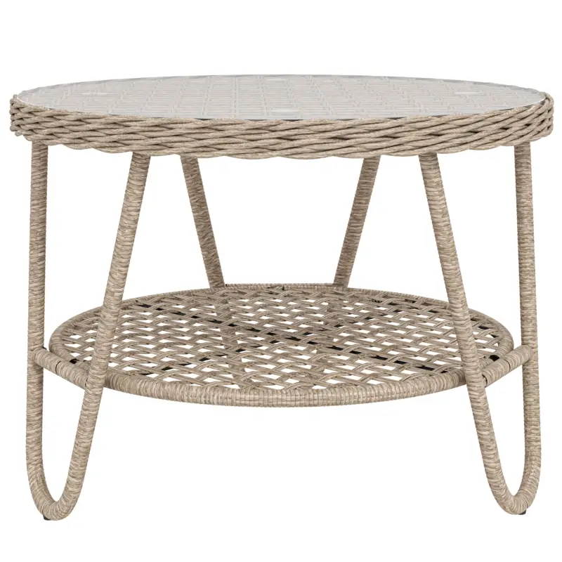 Outsunny Măsuță laterală din polyrattan, masă de cafea în 2 niveluri cu raft, blat din sticlă, picioare reglabile, 65 x 65 x 50 cm, galben Cumpărături sigure