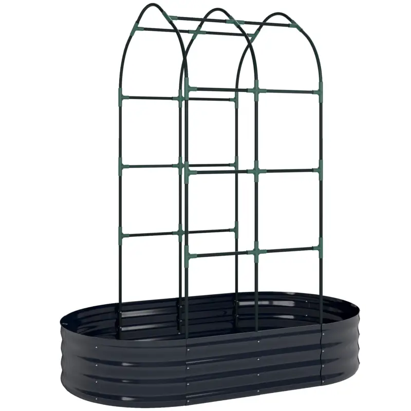 Ofertă specială Outsunny Pat înălțat cu spalier, jardiniere metalice cu mănuși cutie de grădină 160 x 90 x 180 cm, Gri închis