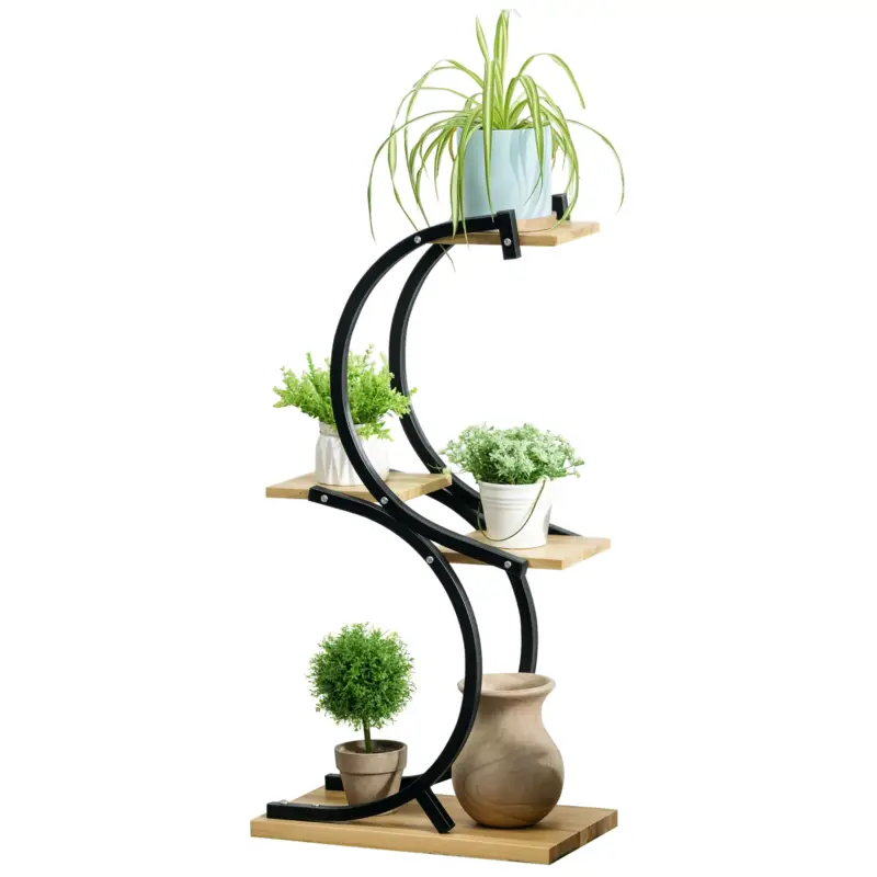 Cel mai bun preț Outsunny Suport de plante cu 4 rafturi, lemn masiv, rezistent la intemperii, 46 cm x 25 cm x 91 cm, Negru + Natural