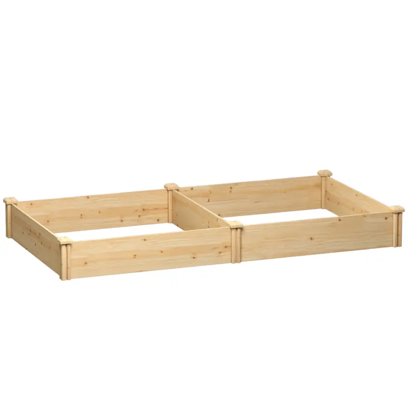 Outsunny Pat de Grădină Ridicat de Exterior cu Separator Central și Bază Deschisă, Jardinieră din Lemn de Brad, pentru Flori, Legume, Balcon, Grădină, 235x121x26 cm, Culoare Lemn Premium